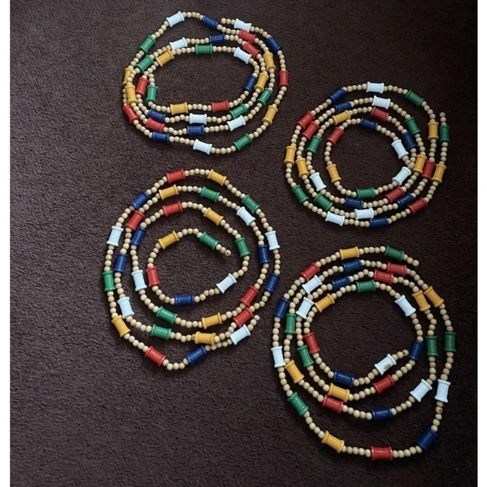 Strand wooden Spool & beads christmas tree garland 8 feet 5” Long Lot of 4.